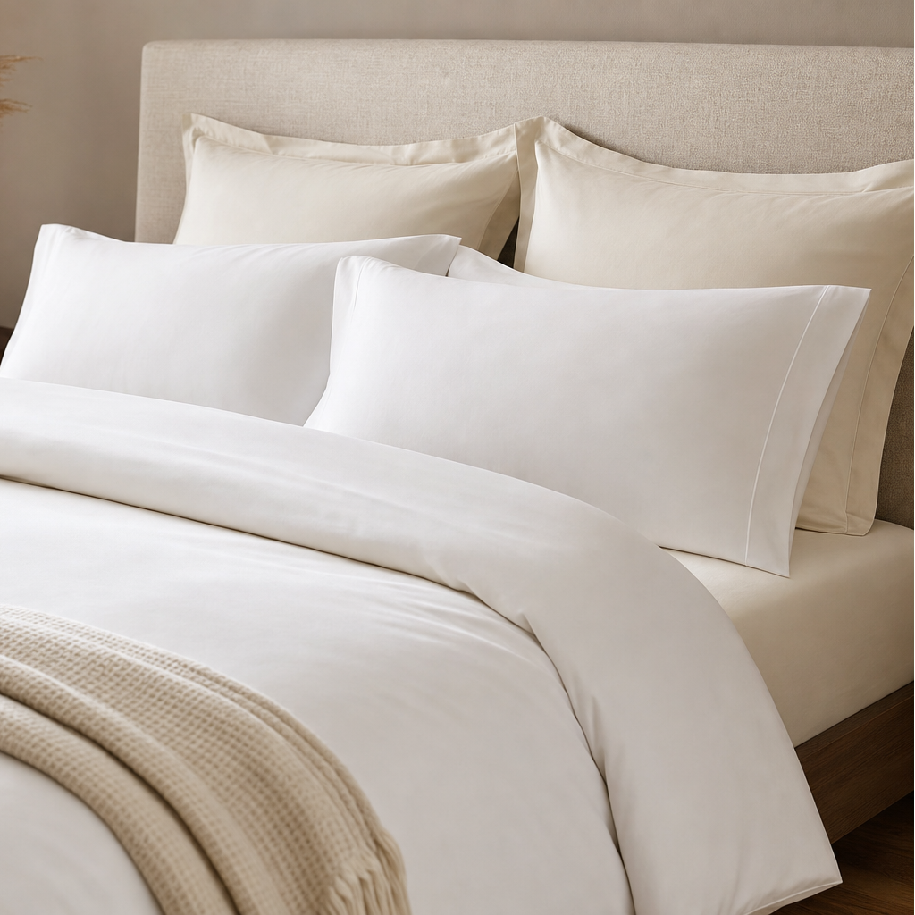 Luxury neutral bed linens arranged on a neatly made bed with decorative pillows