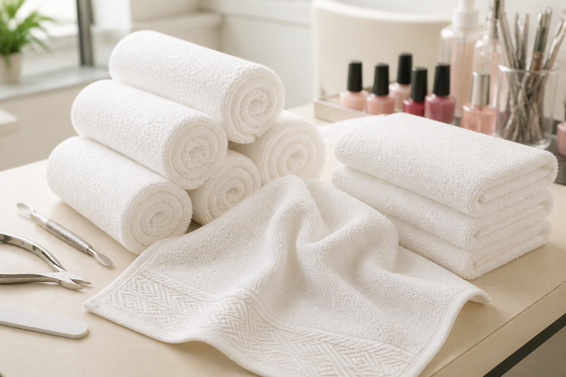 Folded white manicure towels at a nail salon station
