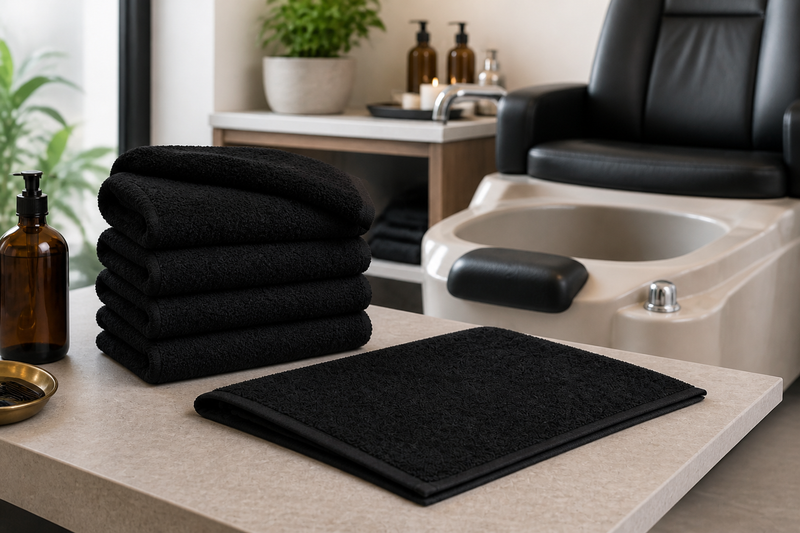 Folded pedicure towels beside a foot bath