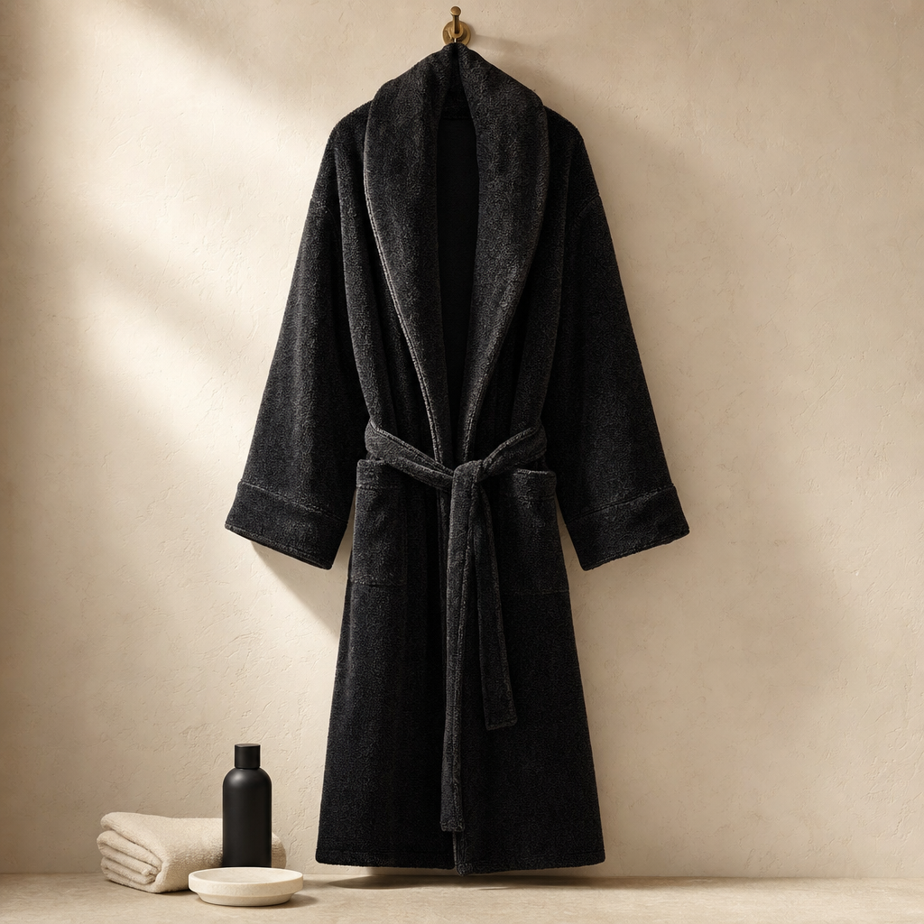 Luxury white bathrobe displayed with folded towels in a serene bathroom setting