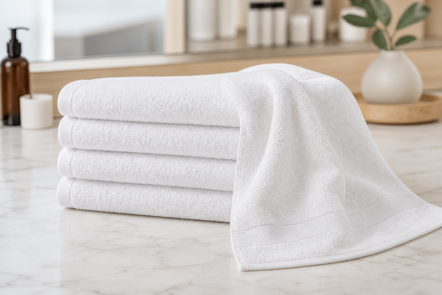 White 16x30 dobby border salon towels, folded stack